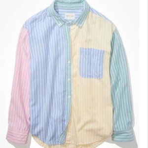American Eagle Oversized Pastel Colorblock Button Down Shirt (Size Large)
